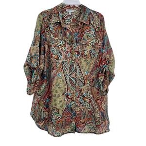 Dress Barn Women 1X Paisley Long Sleeve Blouse Summer Boho Peasant‎ Beach Y2K